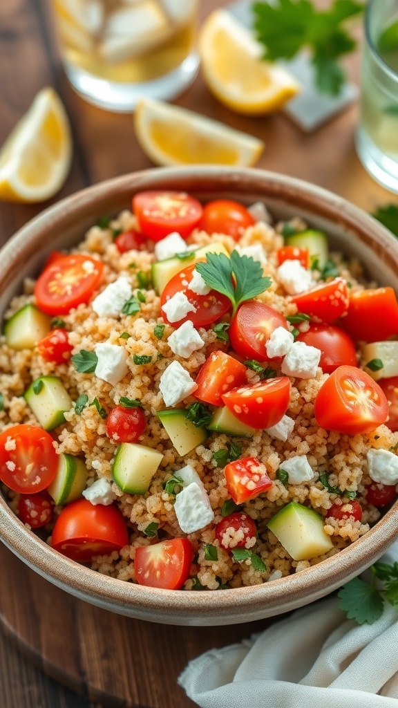 A colorful Mediterranean quinoa salad with tomatoes, cucumber, bell peppers, and feta cheese in a rustic bowl.